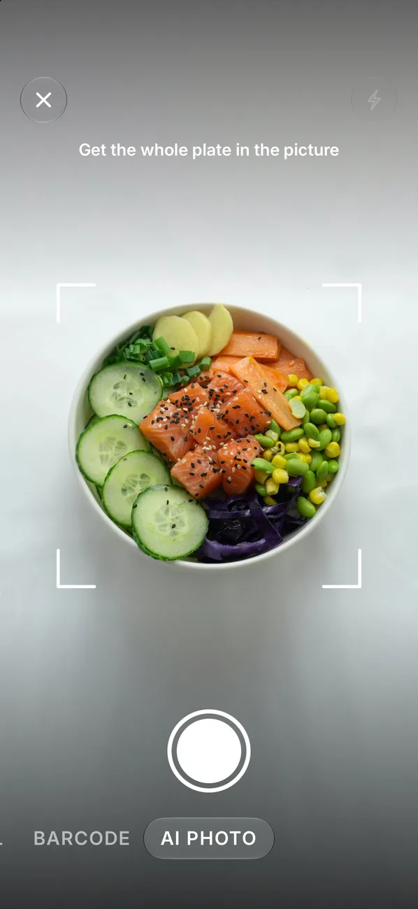 The scanner in AI photo mode with a bowl of salmon, cucumber, edamame and corn in view
